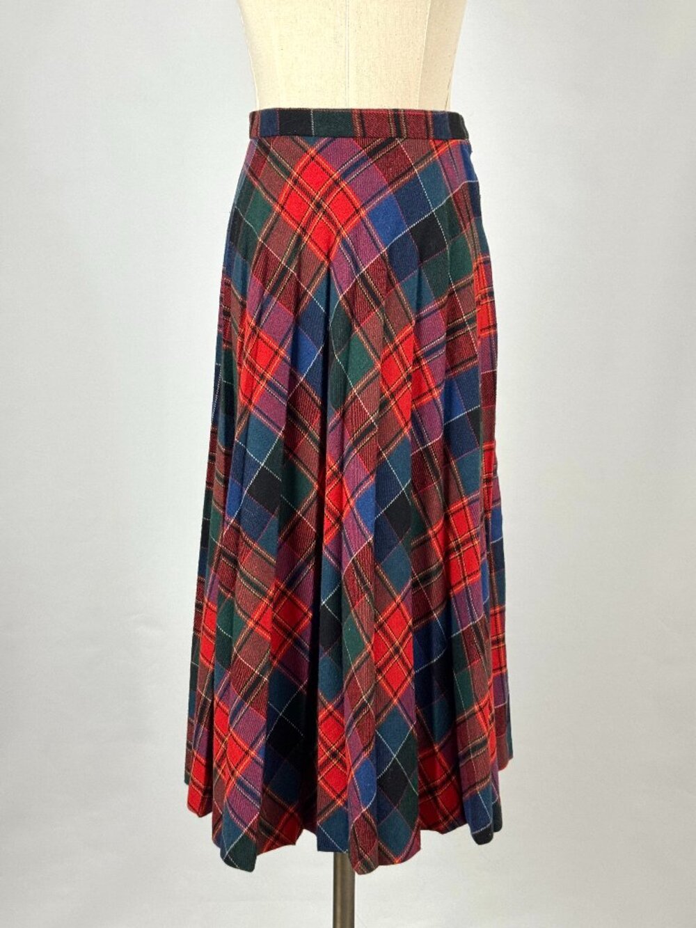 Vtg 80s Plaid Wool Blend Pleated Flannel Midi Skirt Academia Holiday Christmas - Picture 2 of 7